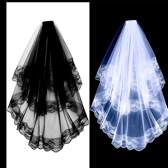 New Black or White 2 TIer Laced Edged Veil - Picture 2 of 12